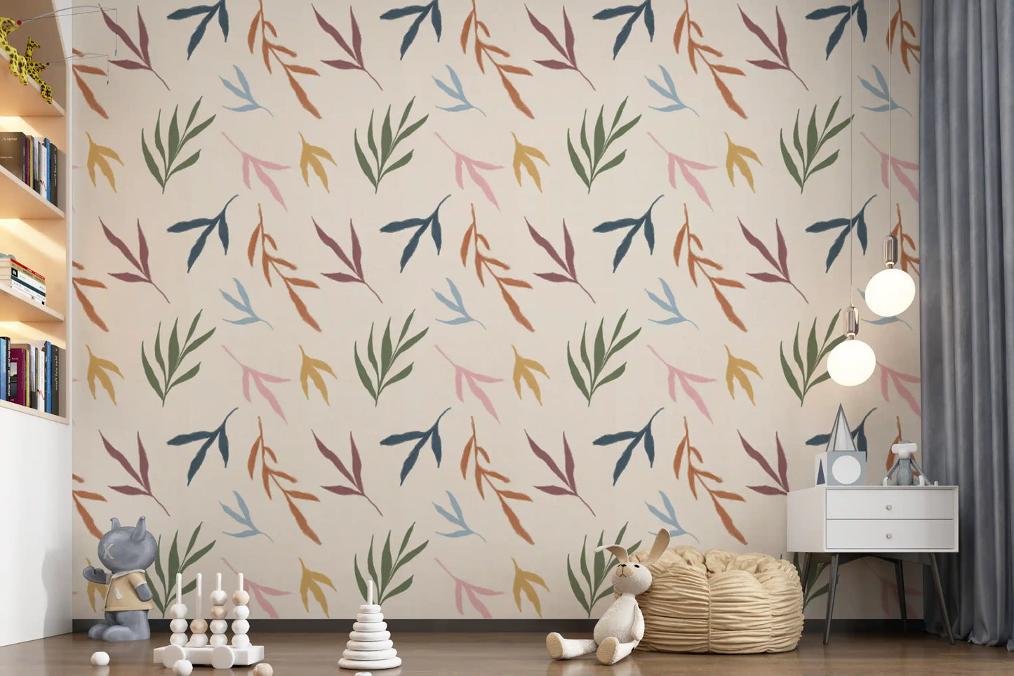 Play area styled in Tropical Leaf Wallpaper with muted botanical shapes