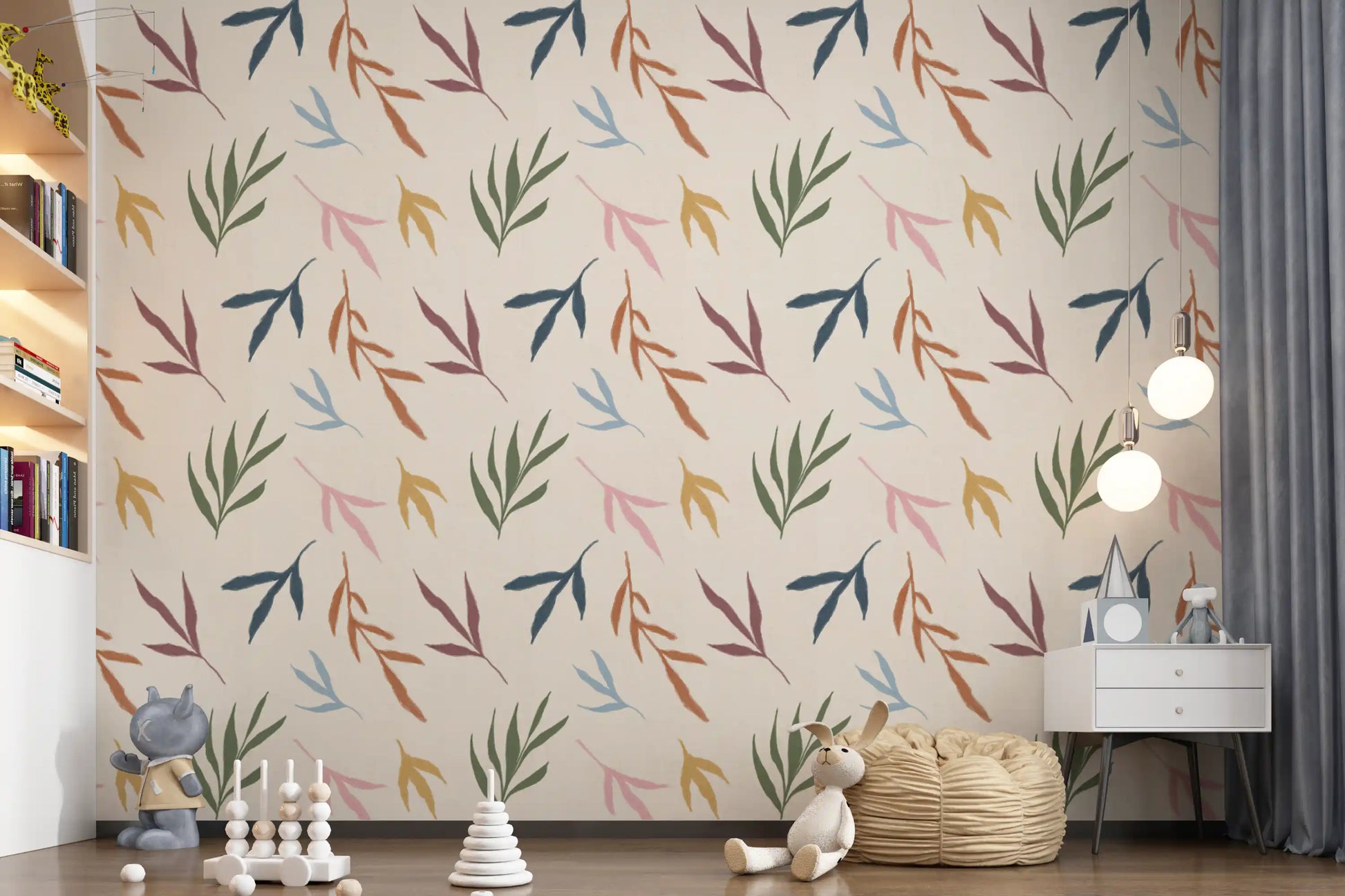 Play area styled in Tropical Leaf Wallpaper with muted botanical shapes