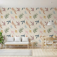 Dining room wallpaper with painted botanical detail and airy leaf pattern