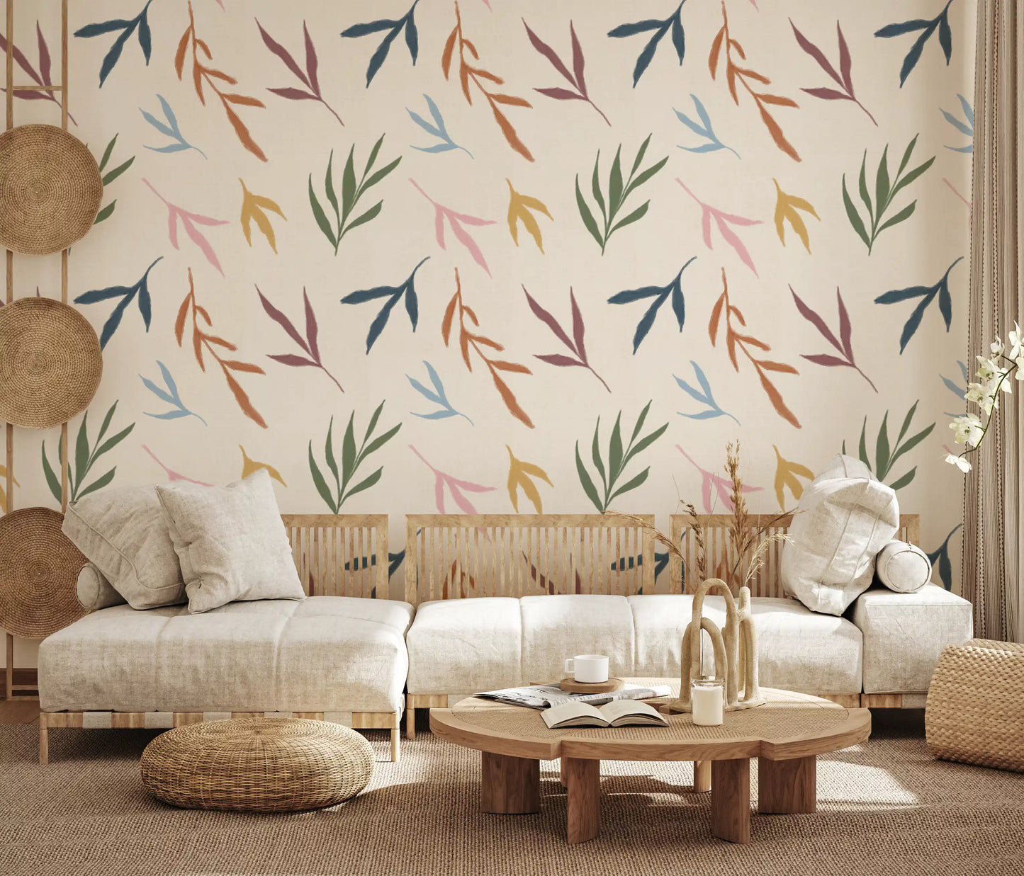 Tropical Painted Leaves Wallpaper with sage, blush, and blue leaf forms