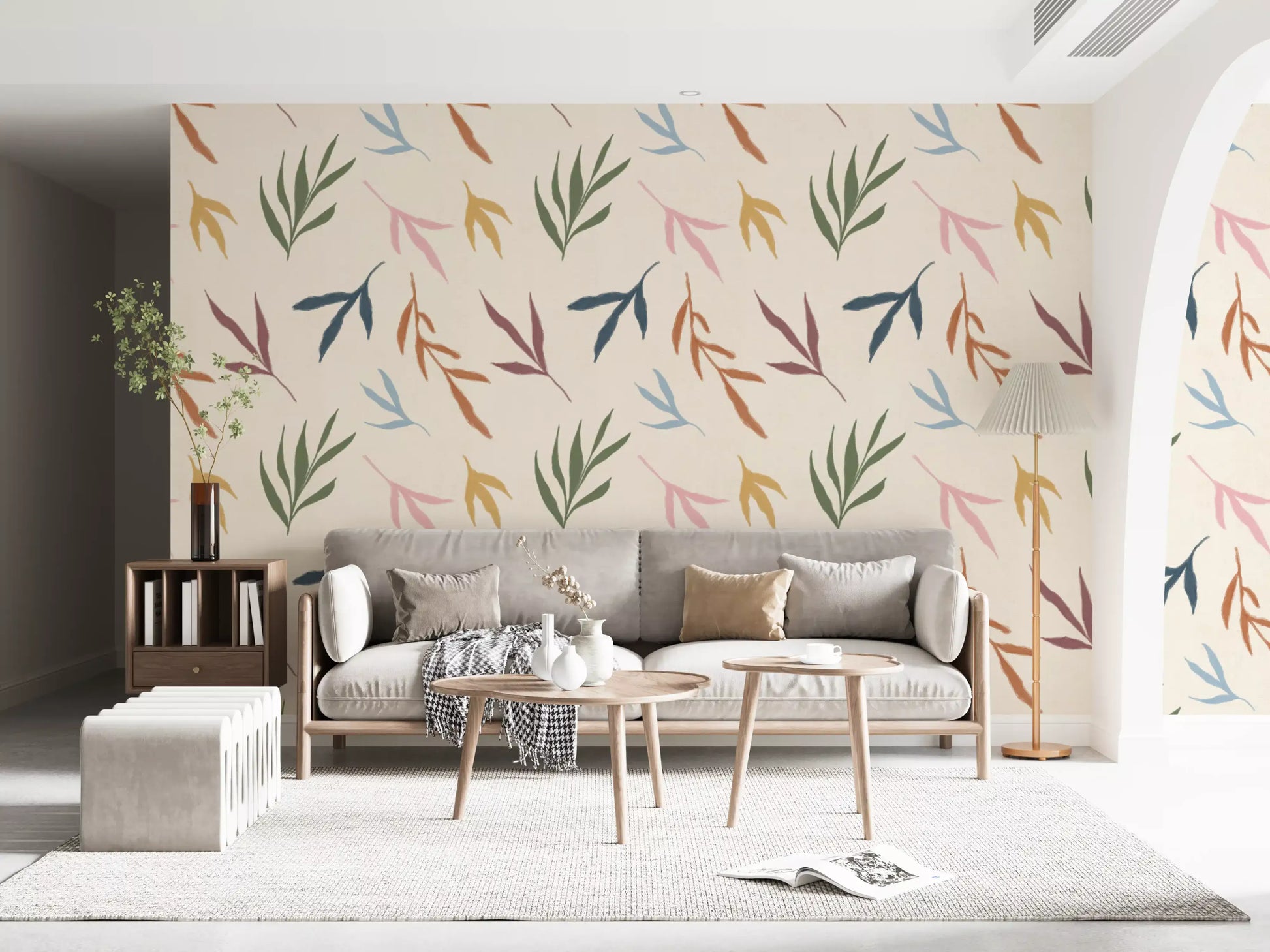 Painted foliage wallpaper with abstract leaves and warm pastel accents