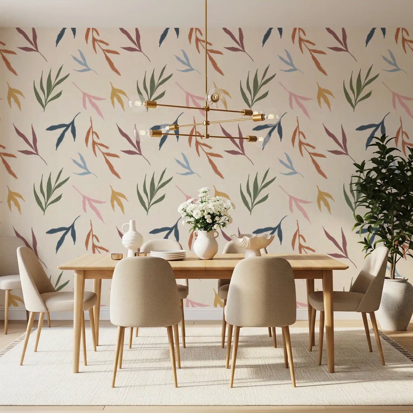 Soft leaf wallpaper with coral, ocher, and dusty blue painted detail