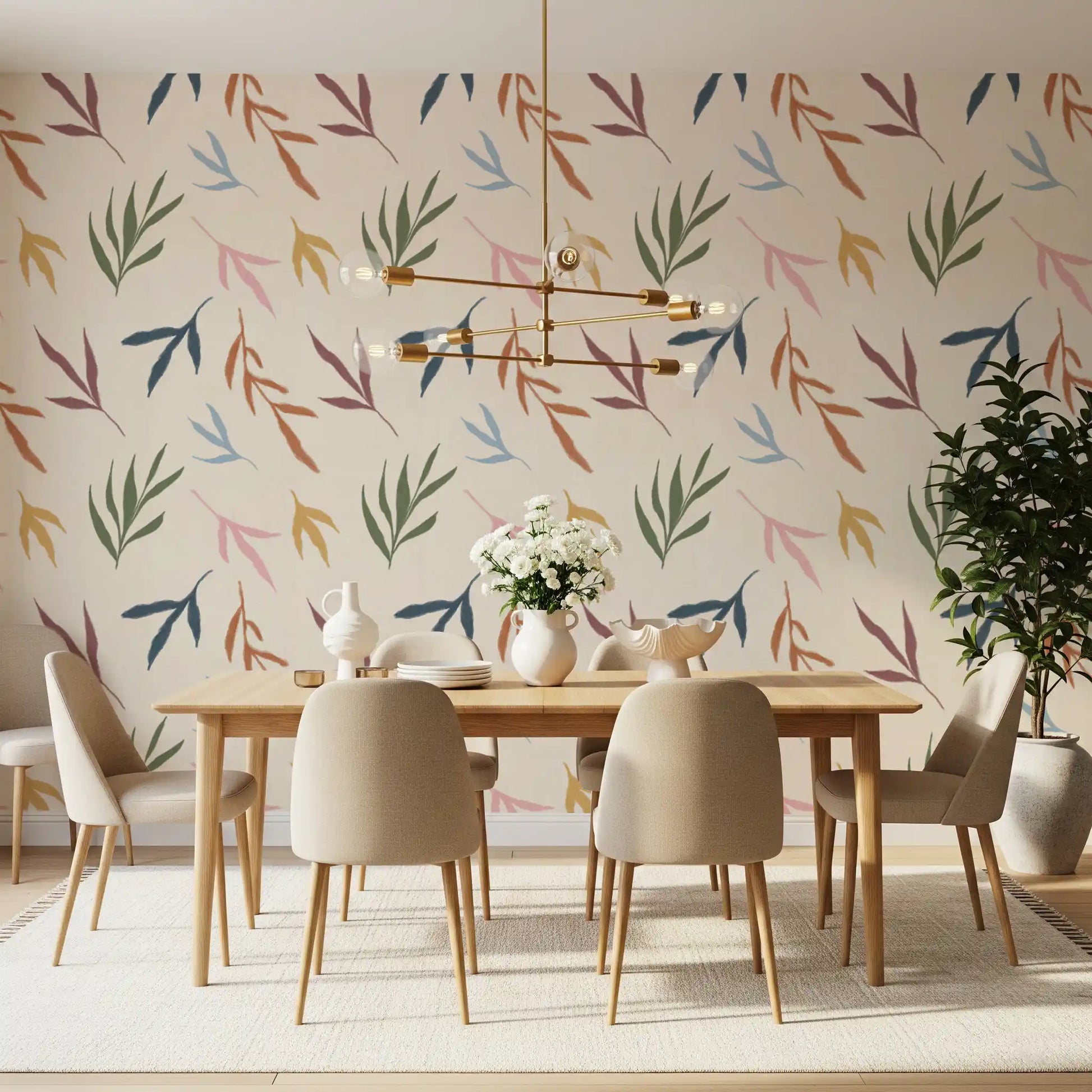 Soft leaf wallpaper with coral, ocher, and dusty blue painted detail