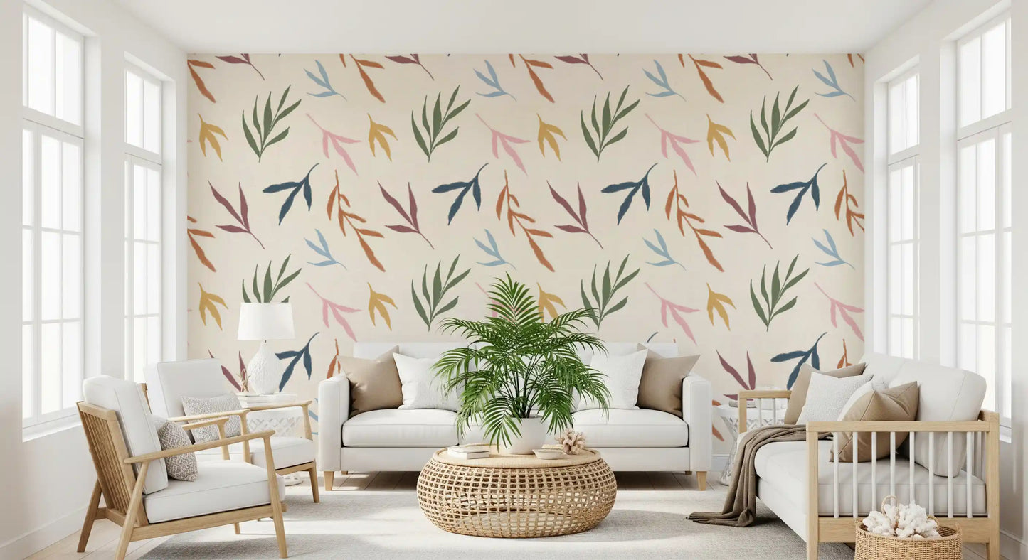 Botanical leaf wallpaper featuring soft brushwork and light neutral ground