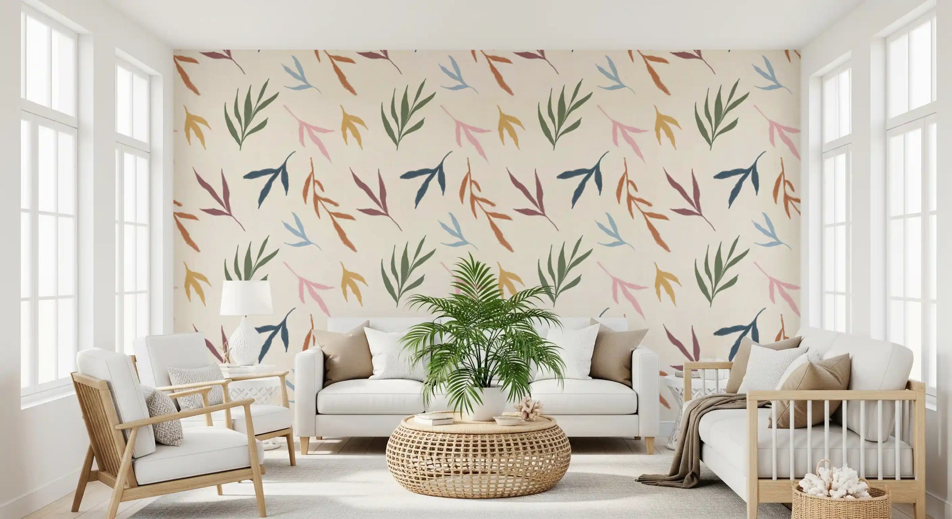 Botanical leaf wallpaper featuring soft brushwork and light neutral ground