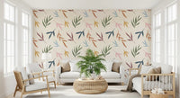 Botanical leaf wallpaper featuring soft brushwork and light neutral ground