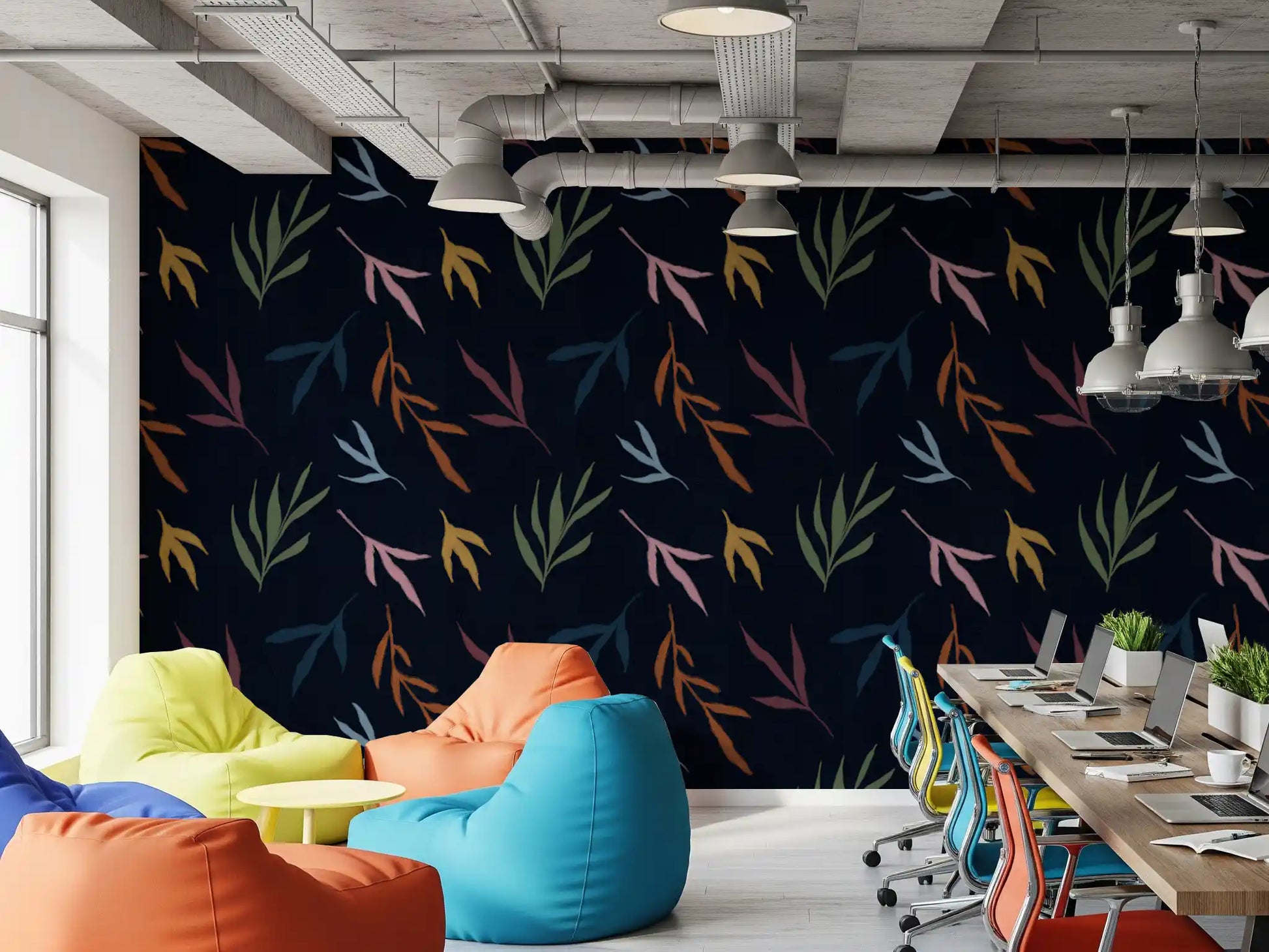 Office area wallpaper with dark leaf wallpaper and soft artistic brushwork