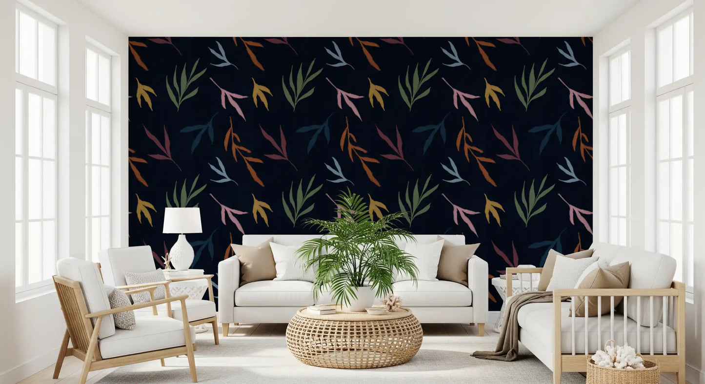 Painted leaf wallpaper featuring rust, ocher, green, and pale blue detail