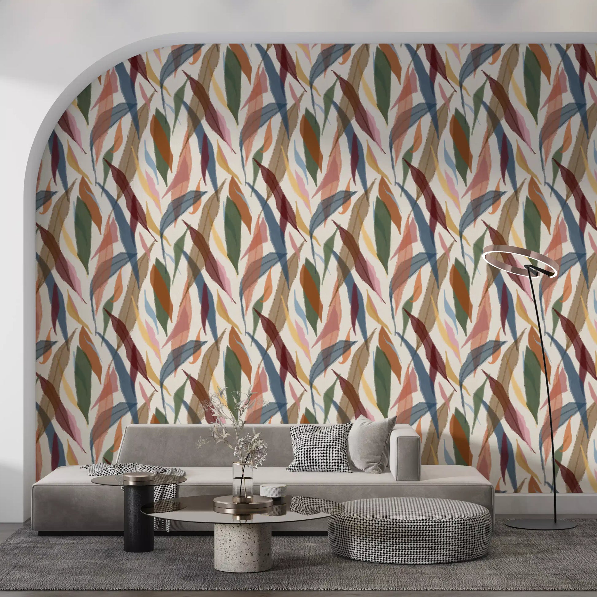 Painted botanical wallpaper with soft leaf shapes and pale background