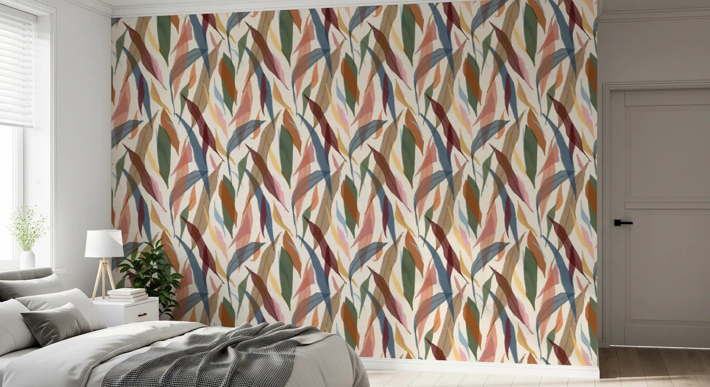 Bedroom wallpaper showing soft painted leaves on a light textured base