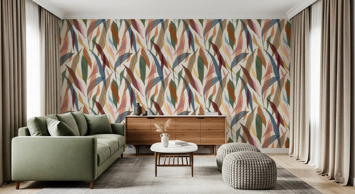Living area with foliage wallpaper and relaxed botanical brushwork