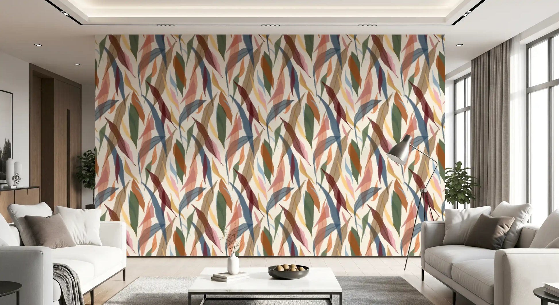 Tropical Painted Foliage Wallpaper with green, blue, and coral leaf forms
