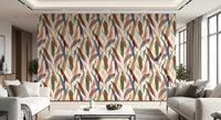 Tropical Painted Foliage Wallpaper with green, blue, and coral leaf forms