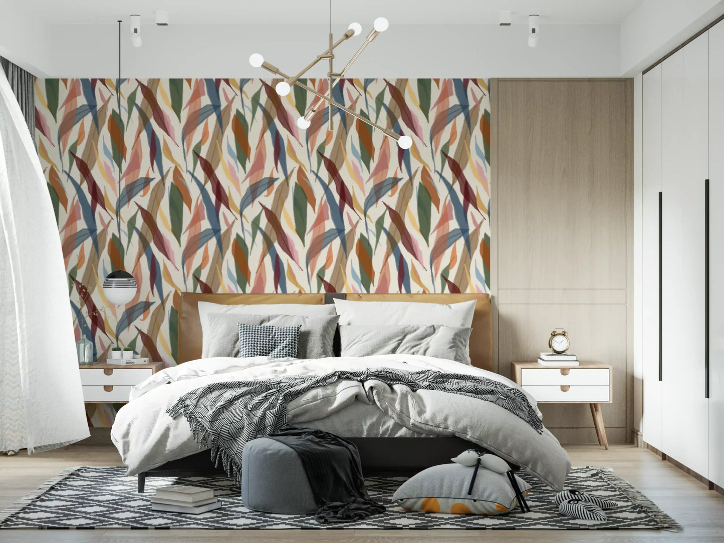 Artistic leaf wallpaper carrying ocher, blush, burgundy, and blue tones
