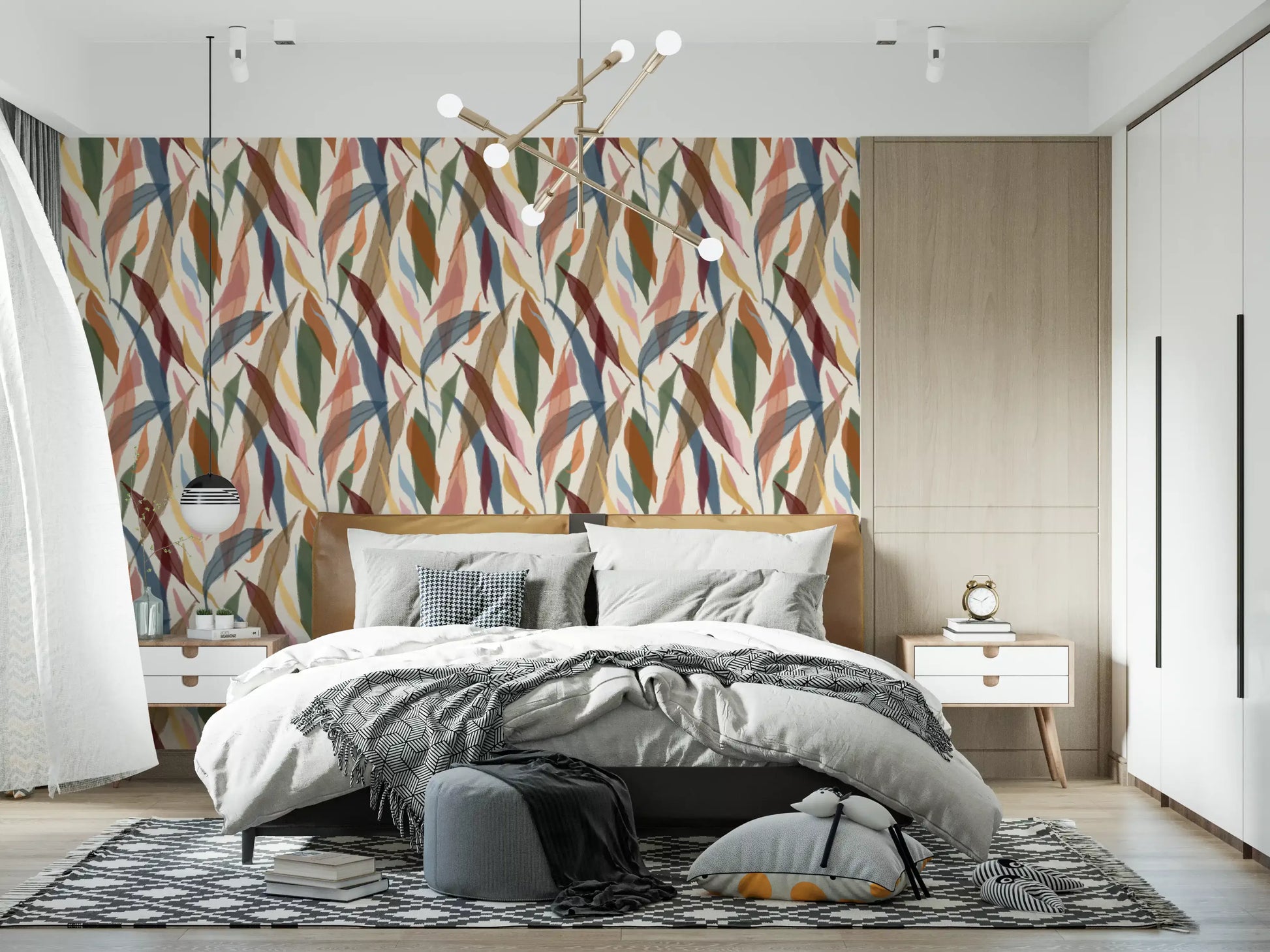 Artistic leaf wallpaper carrying ocher, blush, burgundy, and blue tones