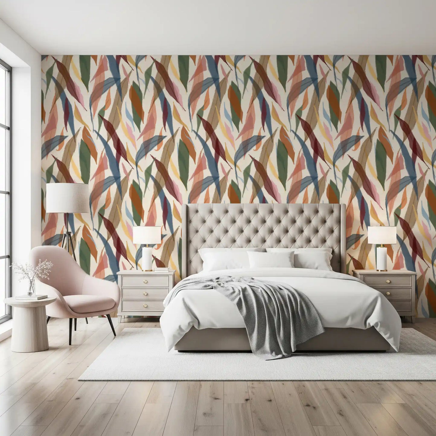 Bedroom wall using painted foliage wallpaper with muted tropical colour