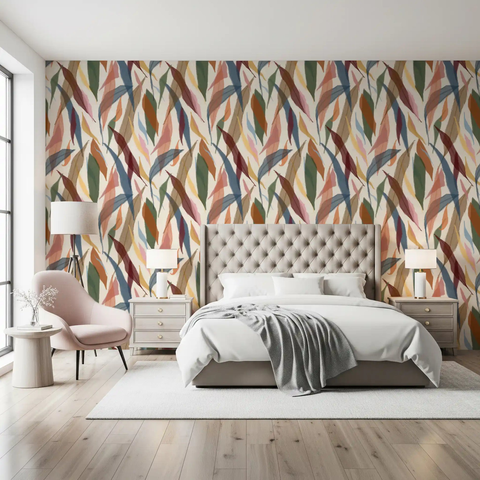 Bedroom wall using painted foliage wallpaper with muted tropical colour