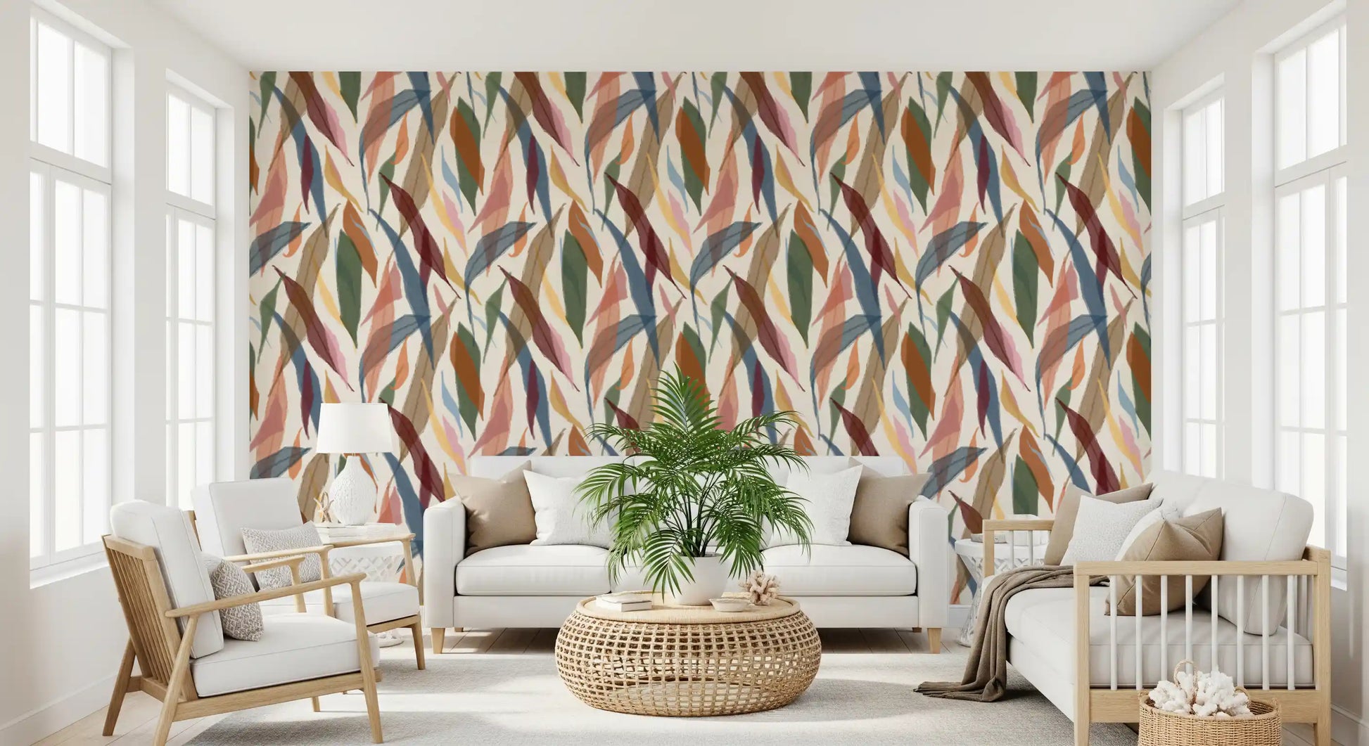 Tropical foliage design with layered leaves and muted color movement