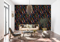 Painted leaf wallpaper with moody background and modern tropical styling