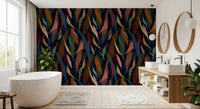 Foliage wallpaper with dusty pink, ocher, and slate blue painted shapes