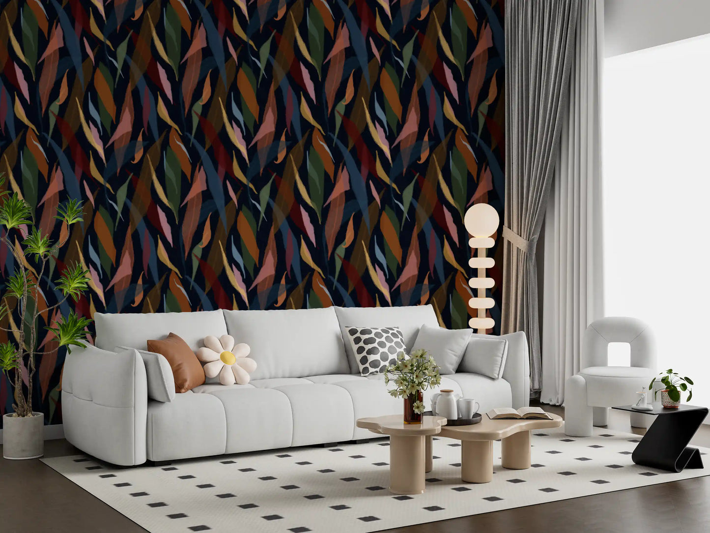 Living room wallpaper showing painted foliage and moody tropical tones