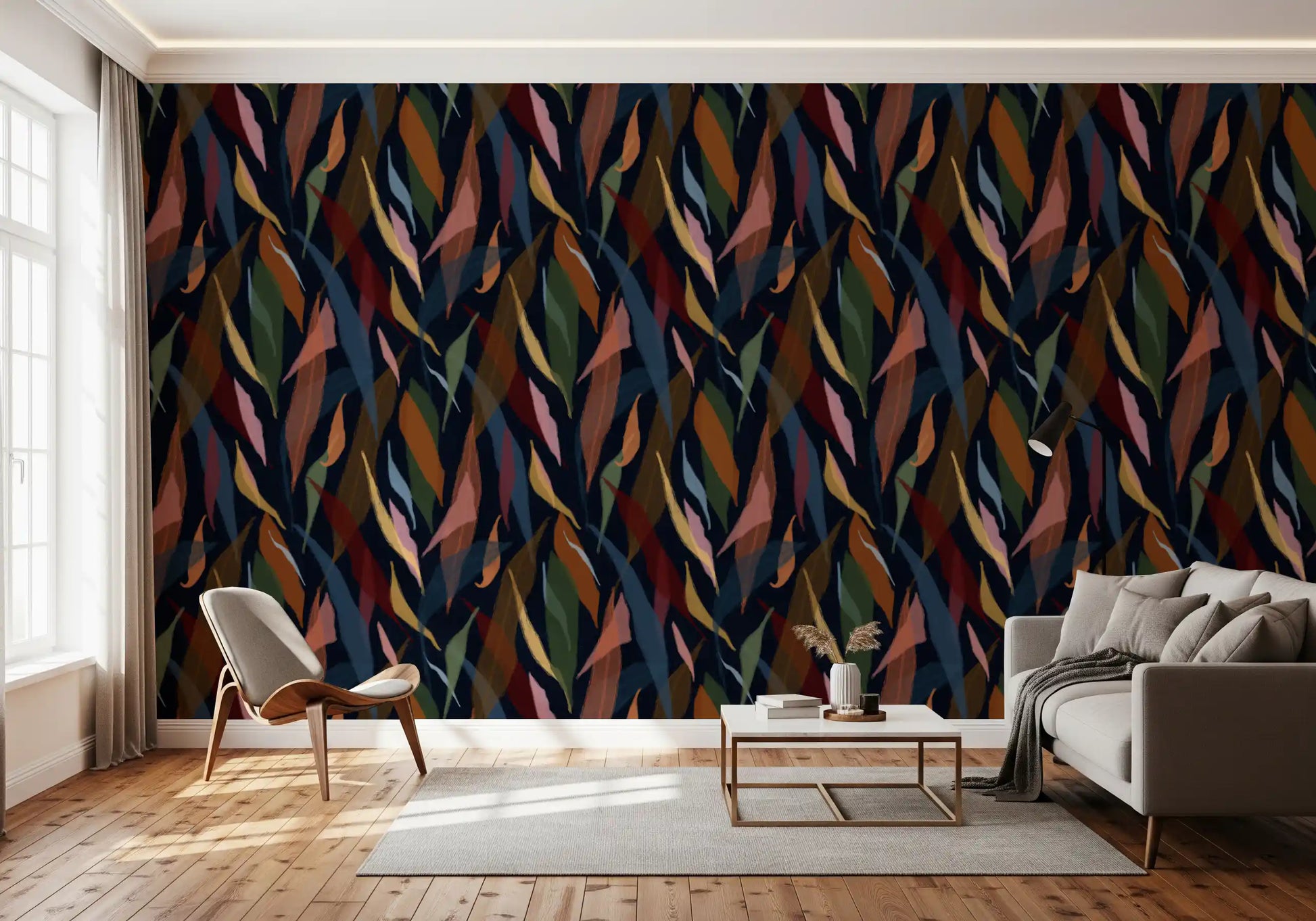 Living room wallpaper with painted dark wallpaper and flowing leaves