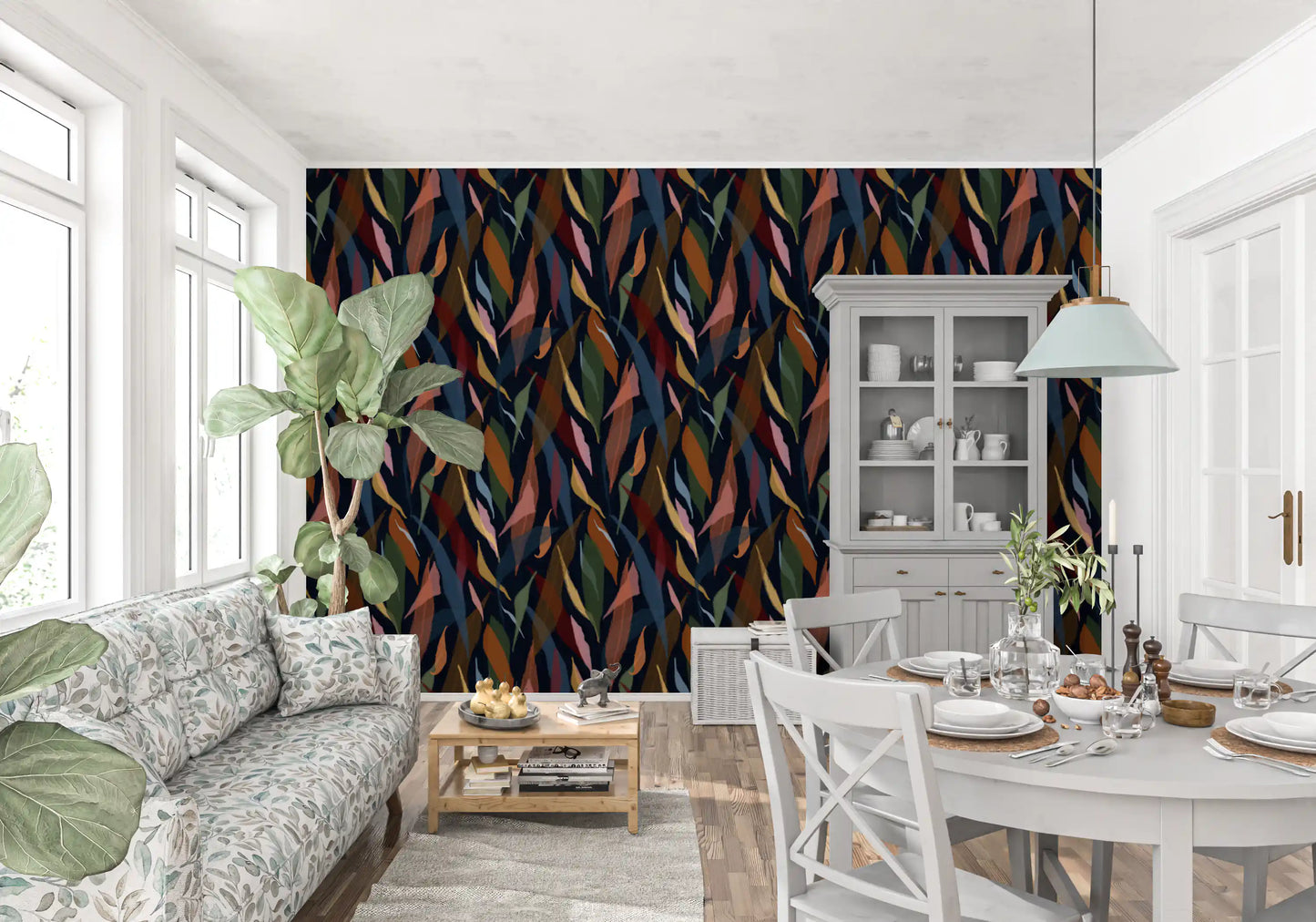 Hallway wallpaper with dark tropical leaf artwork and layered color