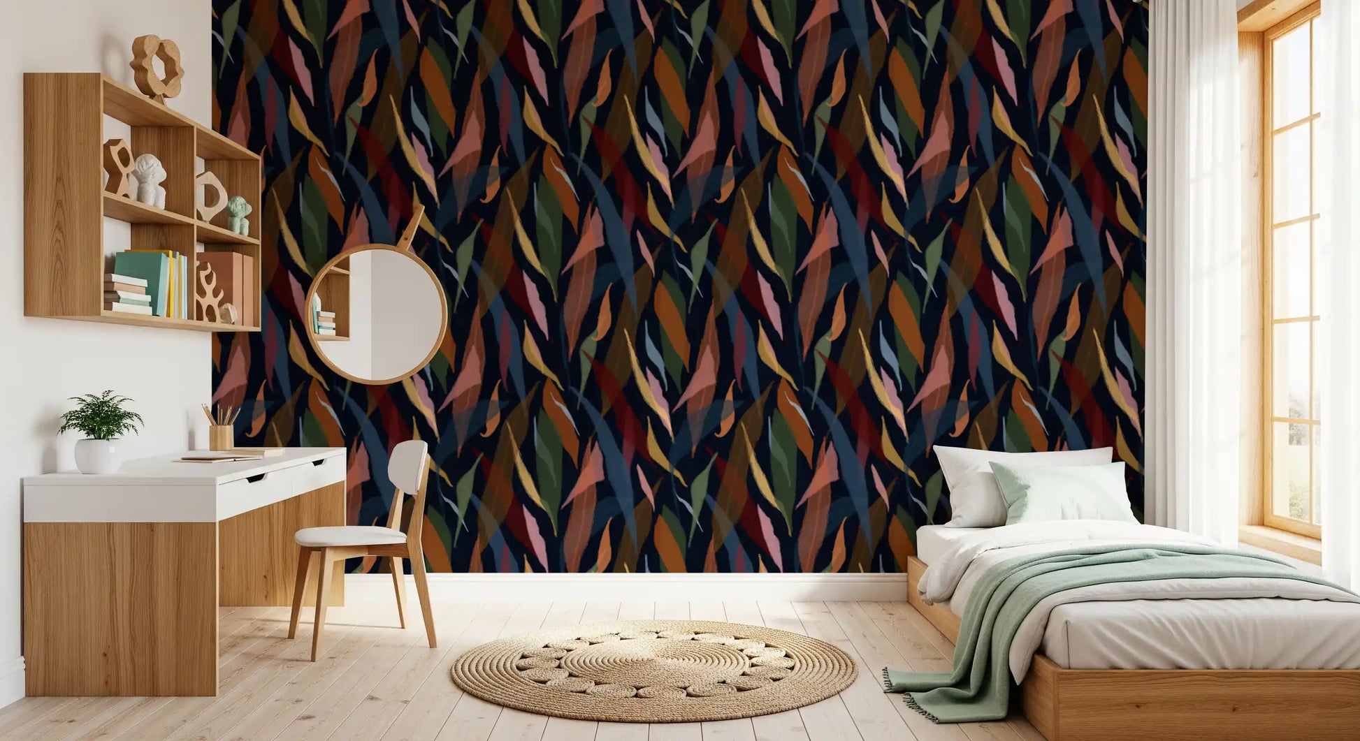 Tropical Painted Foliage wallpaper with olive, rust, and blue leaf forms