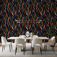 Dark botanical wallpaper showing painted leaves and expressive color layering