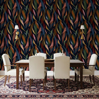 Dining room wallpaper with Tropical Painted Foliage on a dark base