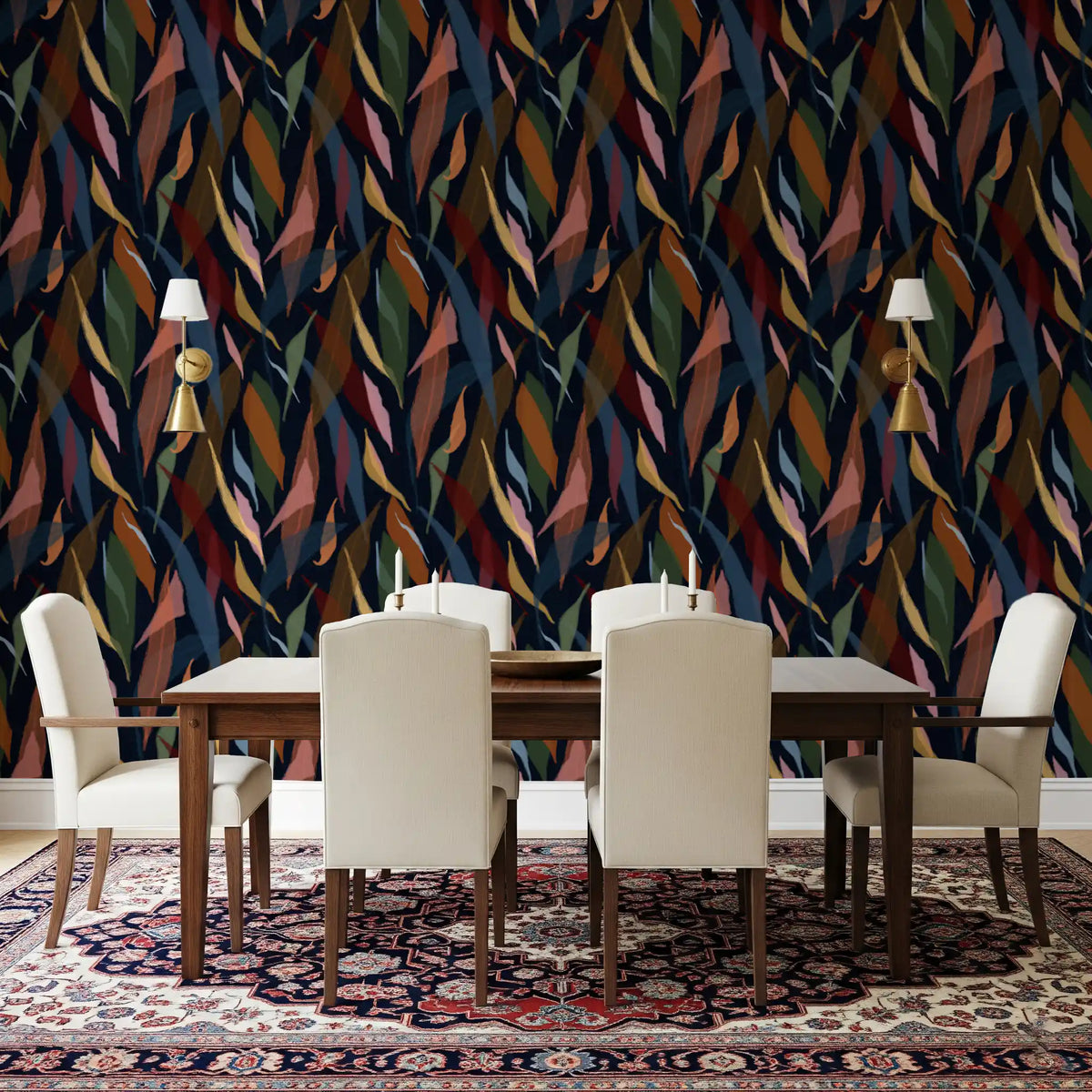 Dining room wallpaper with Tropical Painted Foliage on a dark base