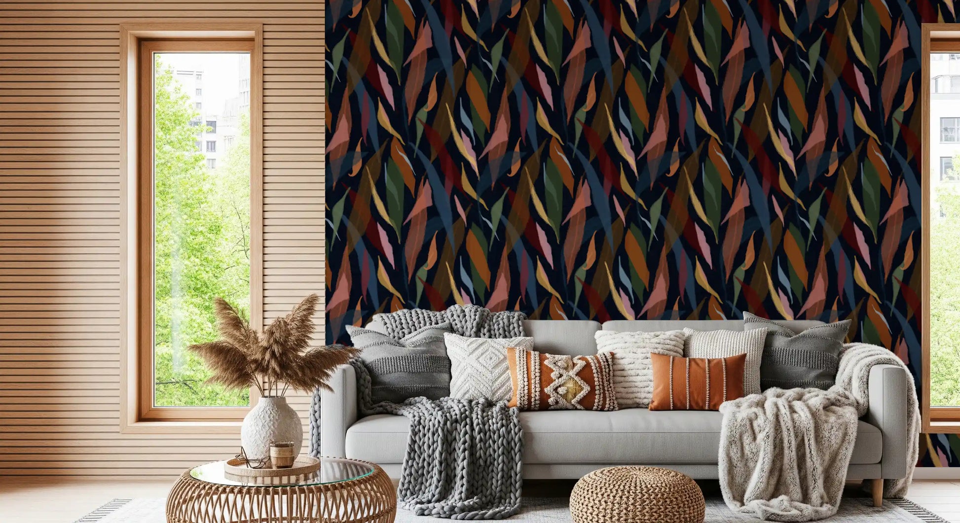 Office room wallpaper featuring Tropical Foliage Wallpaper in rich shades