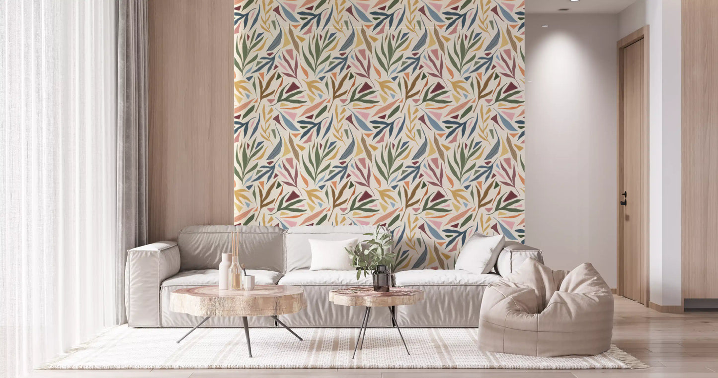 Tropical Painted Collage Wallpaper with sage leaves and blush abstract accents