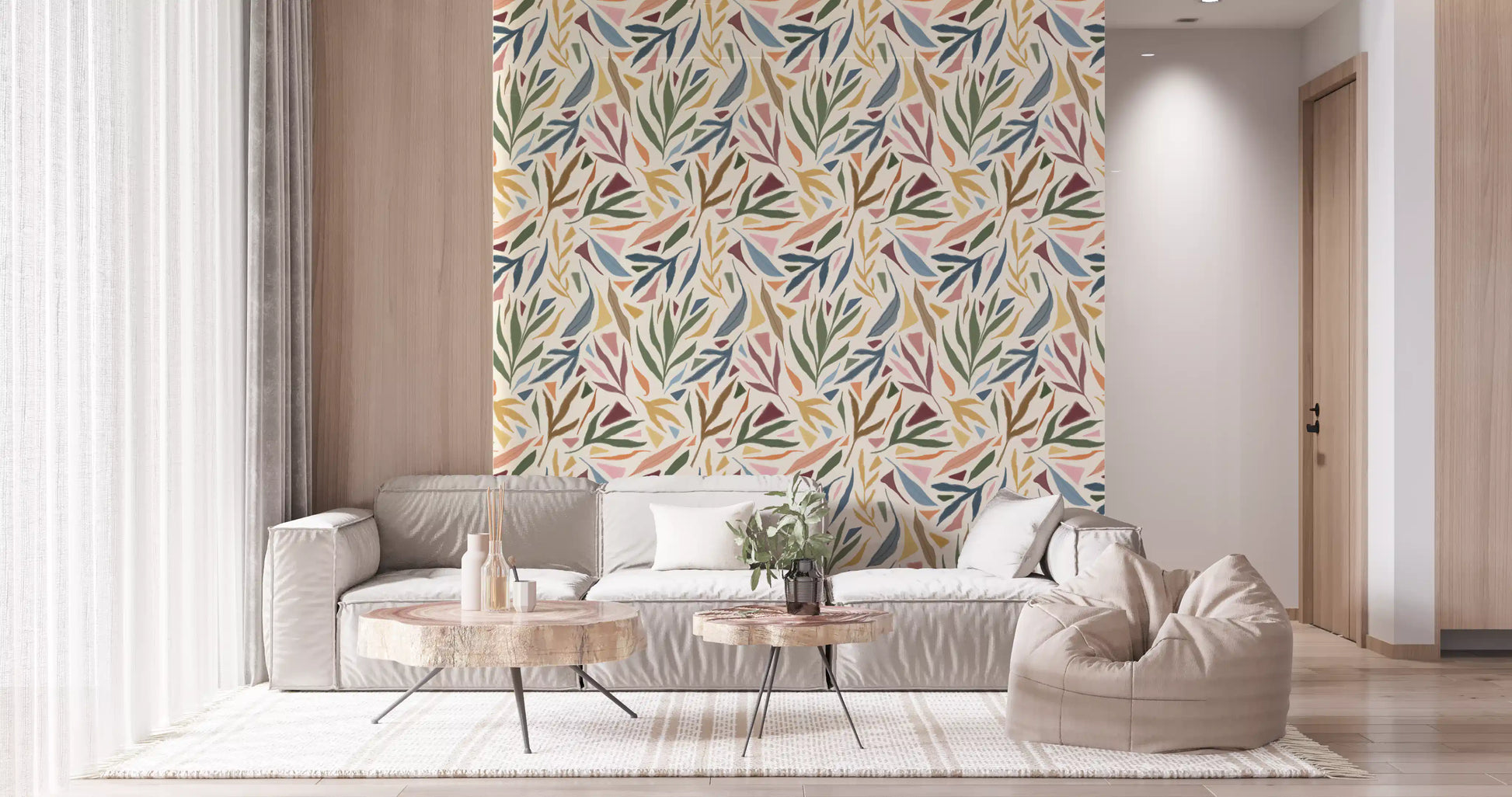 Tropical Painted Collage Wallpaper with sage leaves and blush abstract accents