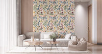 Tropical Painted Collage Wallpaper with sage leaves and blush abstract accents