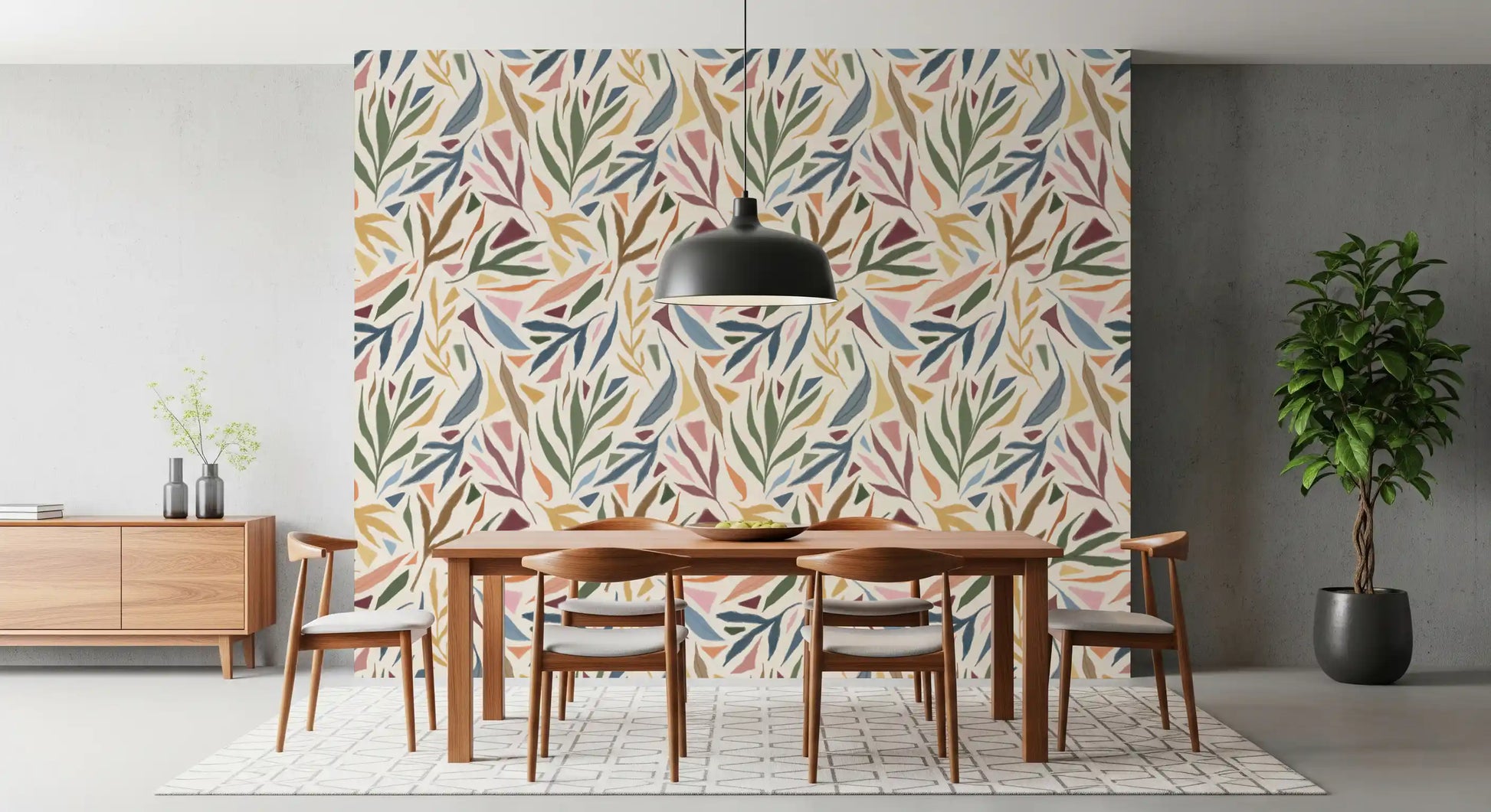 Dining room styled using Tropical Painted Wallpaper and muted botanical forms