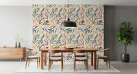 Dining room styled using Tropical Painted Wallpaper and muted botanical forms