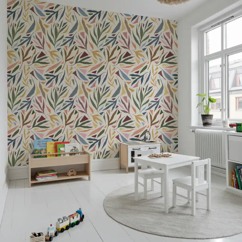 Kids room featuring Collage Wallpaper with pastel leaves and art details