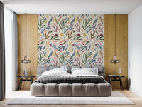 Painted leaf wallpaper with neutral background and scattered colour fragments