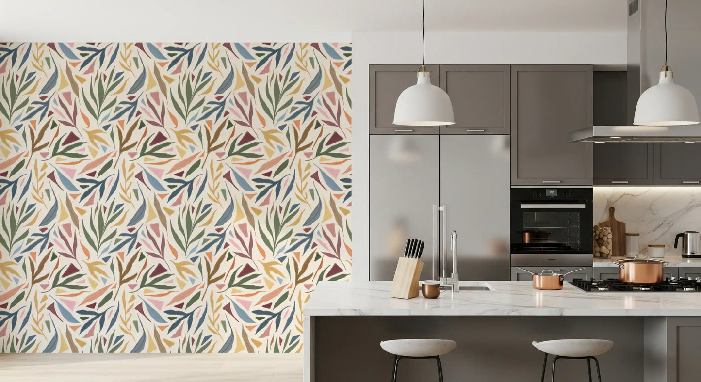 Botanical art wallpaper showing soft blue foliage and peach geometric shapes