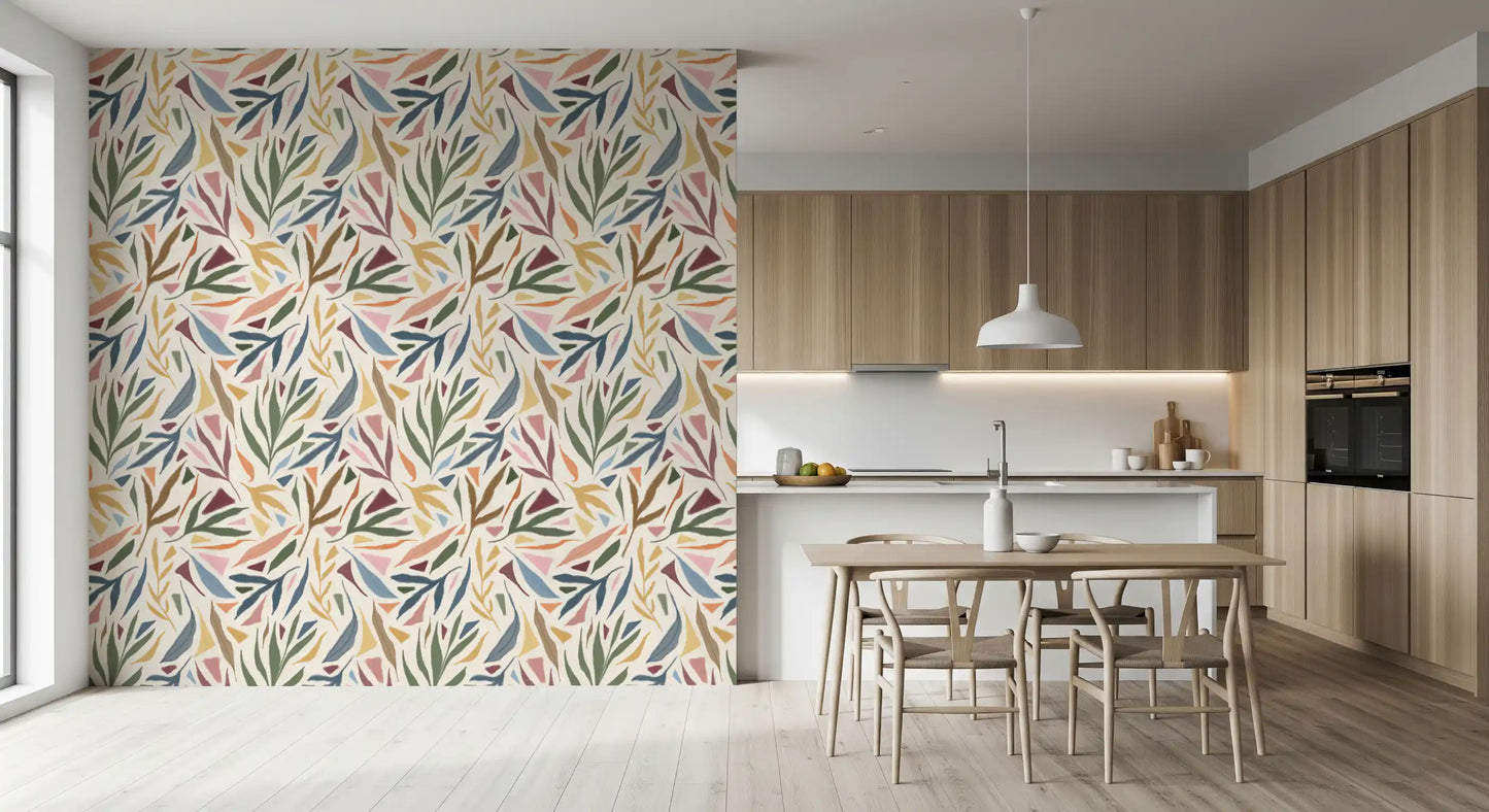 Artistic tropical wallpaper featuring pastel greenery and hand-painted movement