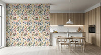 Artistic tropical wallpaper featuring pastel greenery and hand-painted movement