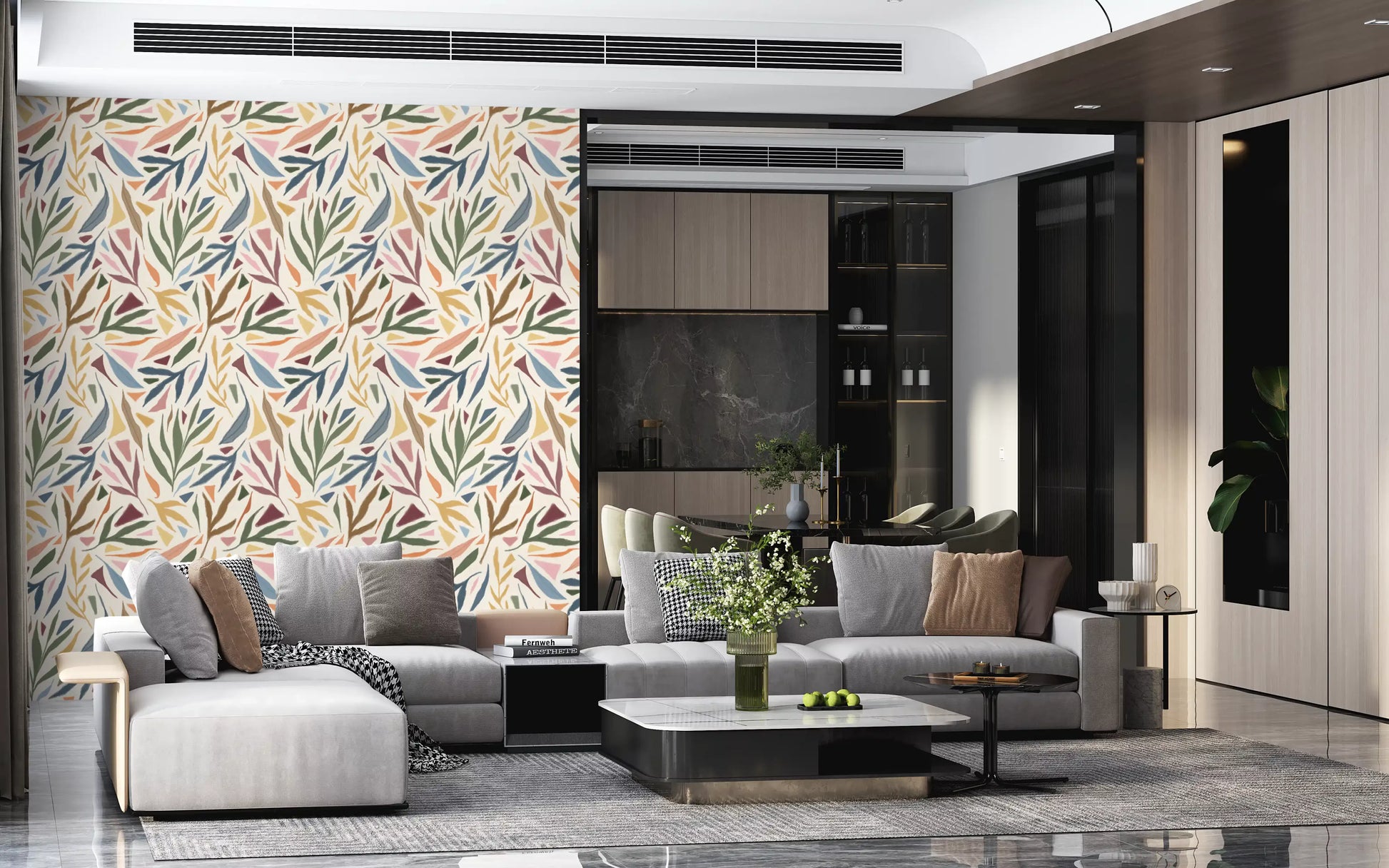 Living room wall in Painted Collage Wallpaper with abstract tropical shapes
