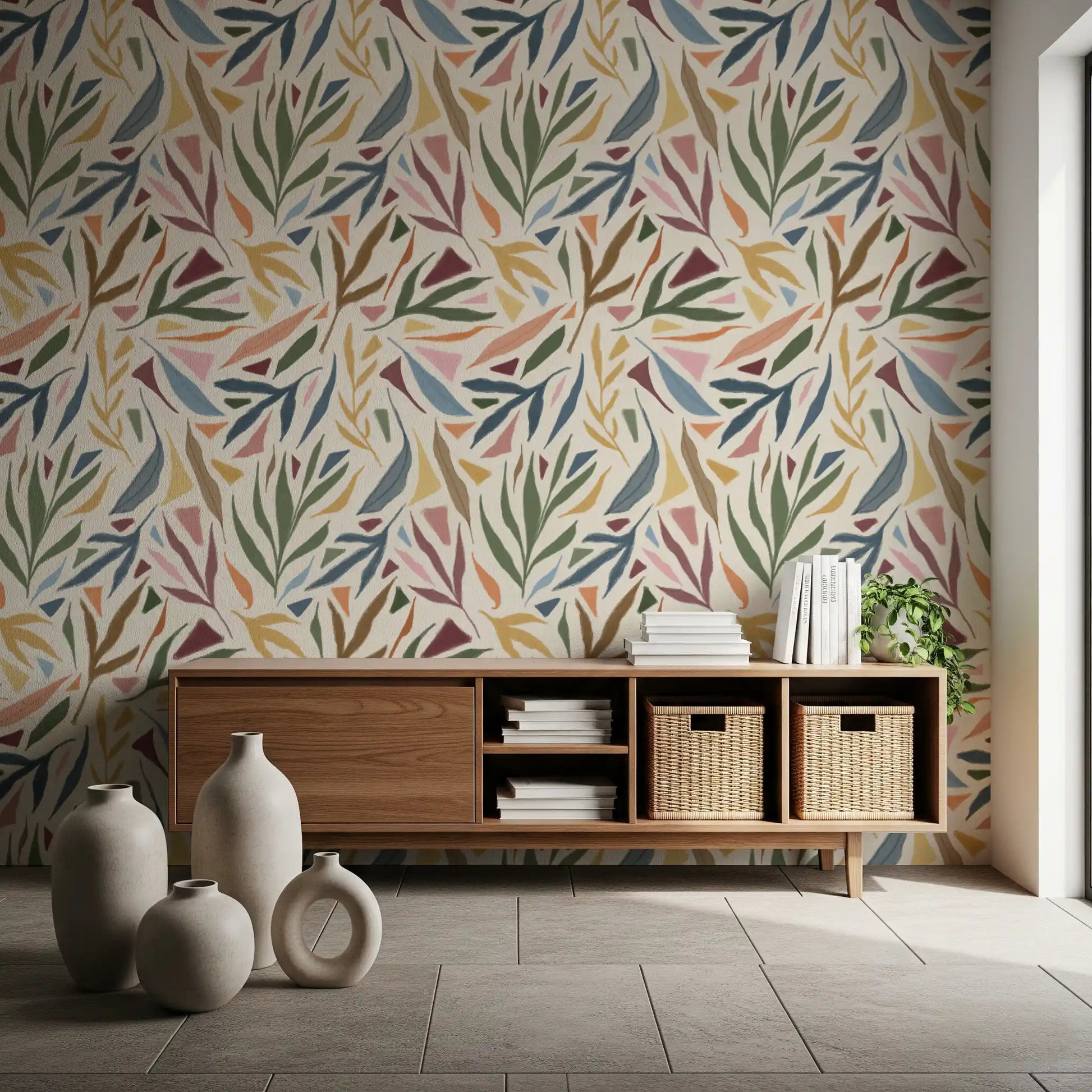 Abstract botanical wallpaper with ocher, coral, and dusty blue detailing