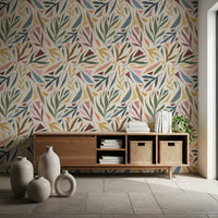 Abstract botanical wallpaper with ocher, coral, and dusty blue detailing