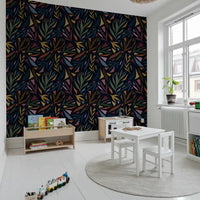 Abstract tropical wallpaper with rust, pink, mustard, and blue-green detail