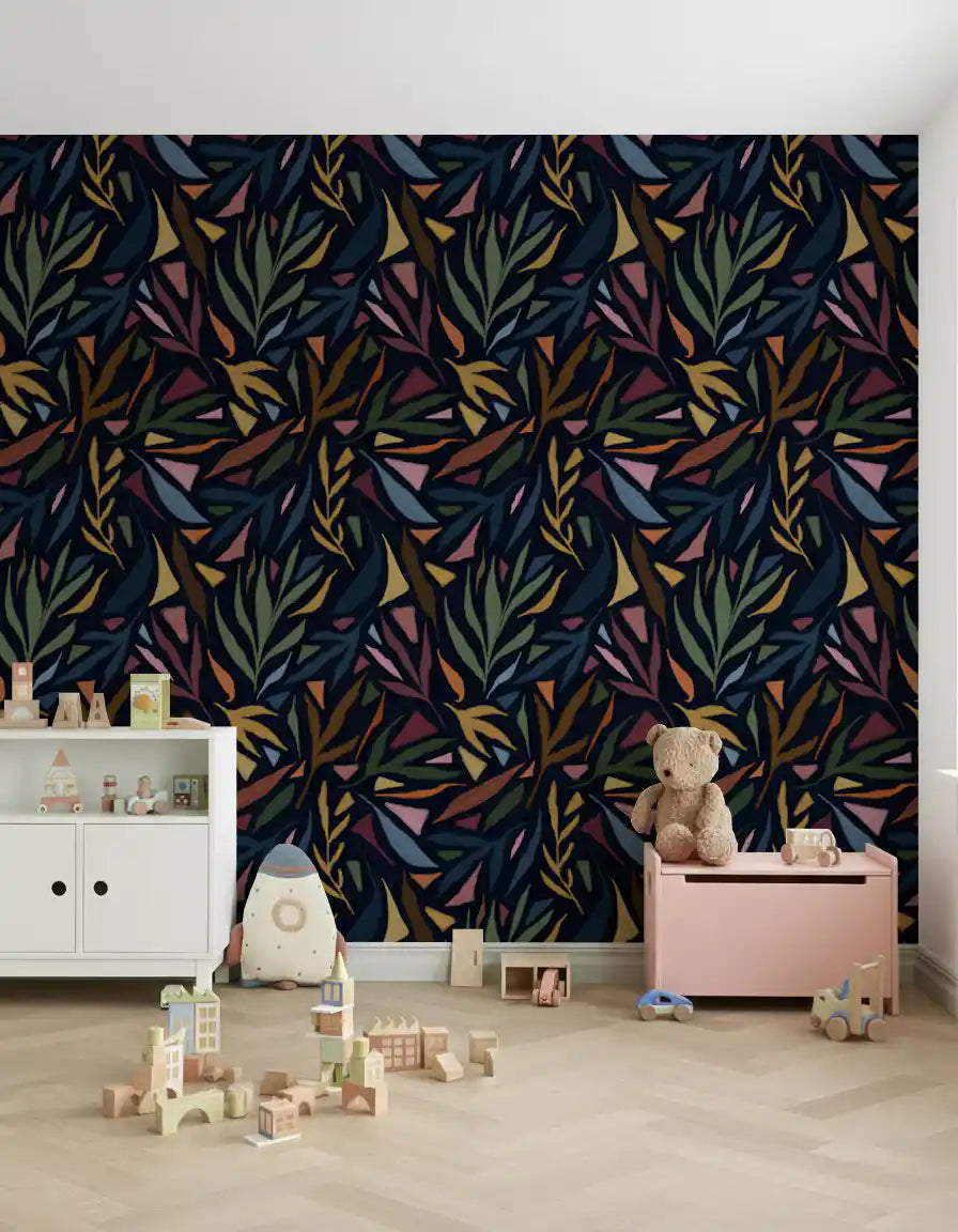 Dark tropical wallpaper featuring painterly foliage and scattered collage pieces