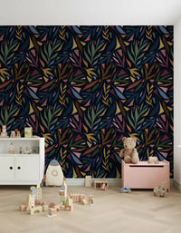 Dark tropical wallpaper featuring painterly foliage and scattered collage pieces