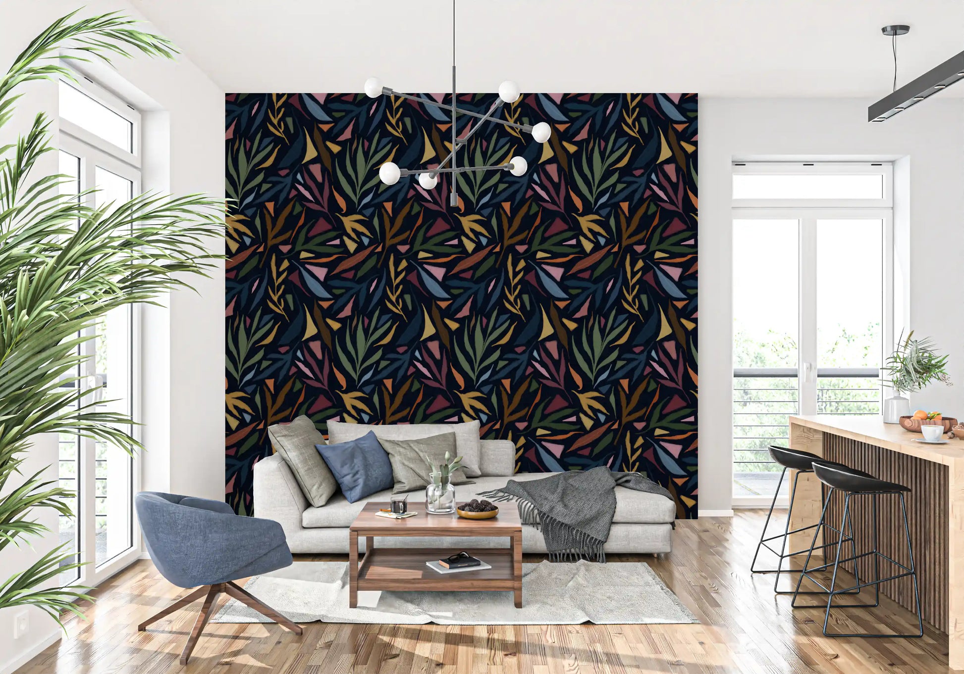 Dining area wallpaper with Tropical Painted Wallpaper and layered abstract forms