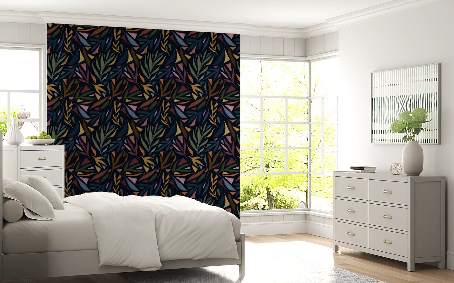 Bedroom wallpaper in Tropical Collage Wallpaper with abstract botanical detail